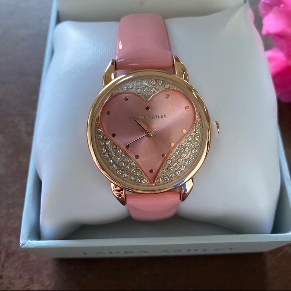 New! Laura Ashley Pink Heart Patent Strap Gold Rhinestone Watch - Picture 5 of 15